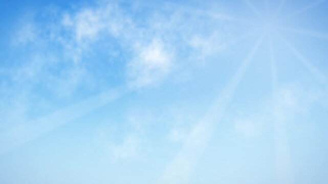 Sunlight rays piercing through fluffy white clouds in clear blue sky with gentle cinematic camera movement