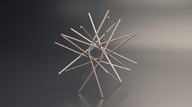 Abstract metallic geometric structure of interconnected gold and silver rods, 3D render