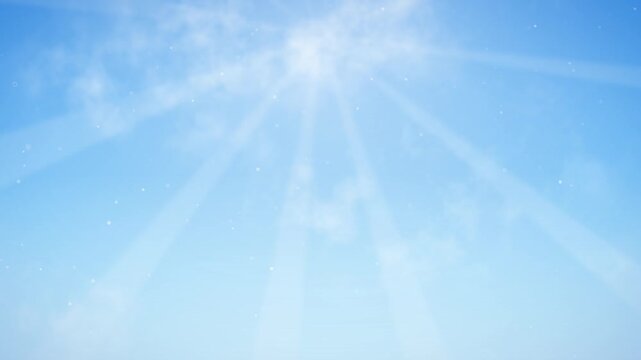 Sunbeams shining through clouds in blue sky with floating particles, peaceful atmosphere, bright daylight
