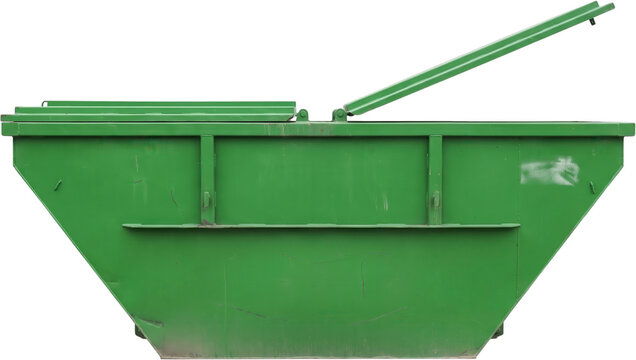 A large green industrial skip container used for construction debris and waste disposal stands upright with one metal lid open garbage bin heavy equipment