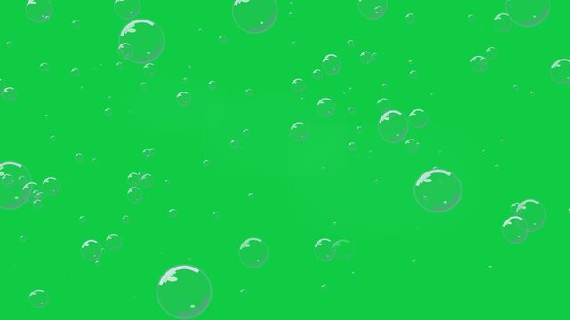 Transparent soap bubbles floating upwards on vibrant green screen background for easy chroma key compositing