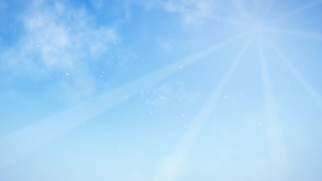 Sunlight rays streaming through fluffy white clouds in clear blue sky dynamic motion footage for background