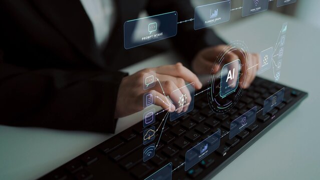 A person types on a keyboard. Agent monitoring accompanies a flow from input to action, bringing task planning, signal processing and output delivery into one connected process.