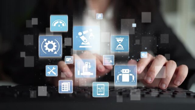 Predictive maintenance icons for industry, automation, smart factory and manufacturing showing data analysis, monitoring, robotics and system optimization with advanced maintenance solutions. Funnel