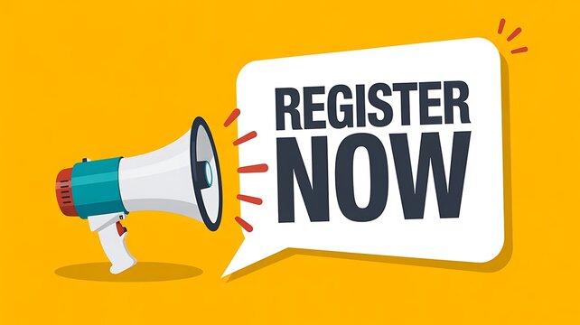 Register Now Promotional Banner with Megaphone and Bold Call to Action Message