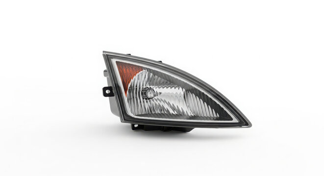 Modern automotive headlight assembly featuring clear reflective glass lens and amber turn signal indicator isolated on a clean white background