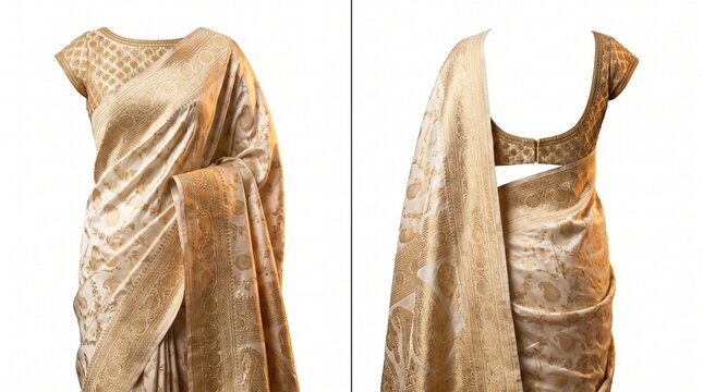 Luxury Ivory Silk Saree with Gold Zari Front and Back Views