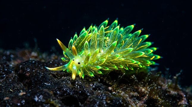 Macro shot of glowing green leaf nudibranch sea slug under marine underwater ocean