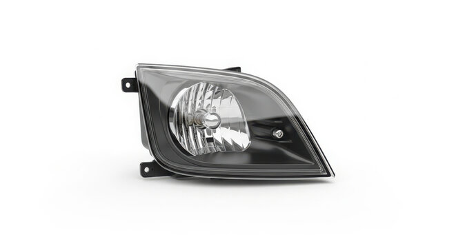 Modern vehicle headlight assembly featuring reflective glass lens and black housing isolated on white background for professional automotive parts display