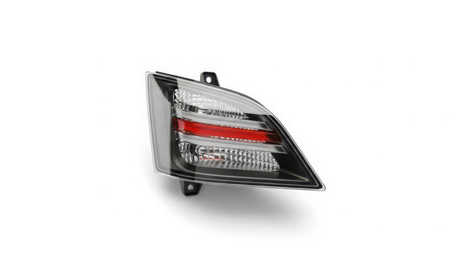 Modern vehicle tail lamp assembly featuring sleek transparent lens housing and reflective red brake light components isolated on white background
