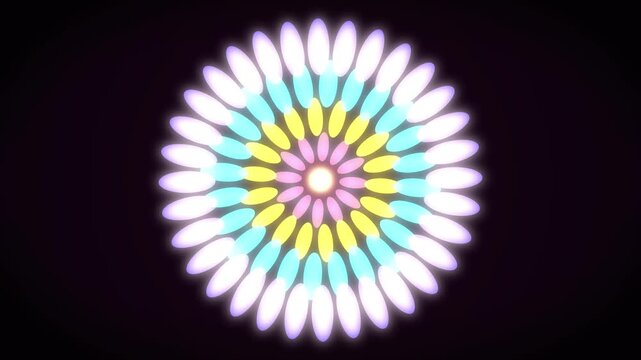 Abstract circular light animation with colorful petals glowing and expanding outwards in seamless motion