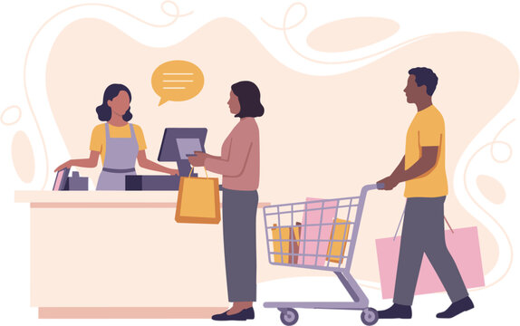 Retail grocery store checkout scene showing friendly female cashier serving customers with shopping trolley full of products isolated on white background.