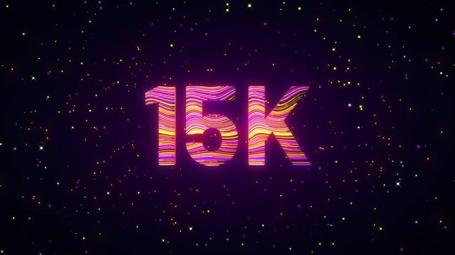 Dynamic 3D animation of a rotating 15K number with flowing purple, yellow, and magenta light trails, glowing particles, and cosmic sparkles creating a futuristic digital achievement scene.