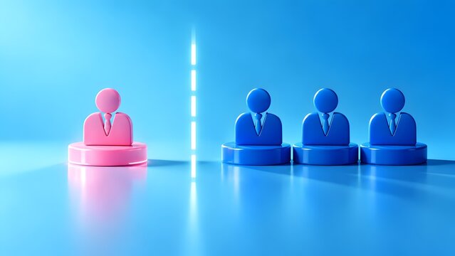 Pink figure separated from blue figures by a glowing dashed line representing individuality discrimination or boundary concepts