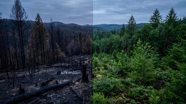 Burnt forest versus lush green woodland split screen showing wildfire destruction and nature recovery under a cloudy sky