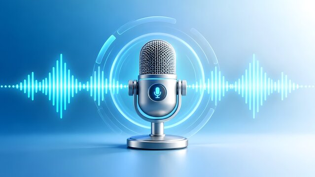 Silver retro microphone with glowing blue sound waves representing podcasting broadcasting and digital audio recording