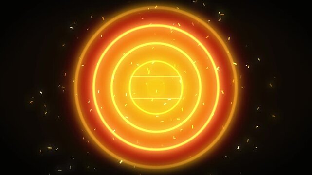 Abstract circular light waves expanding with sparkling golden dust particles on black background motion clip