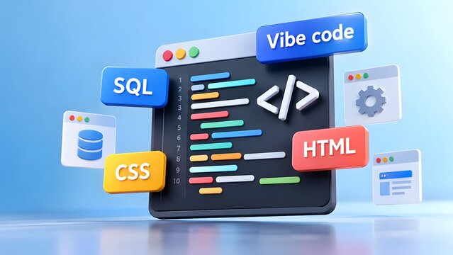 3D rendering of a programming code editor window with floating HTML CSS SQL tags representing software development and web design