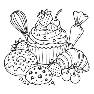 Imagen de lineas de un cupcake y postres a un lado