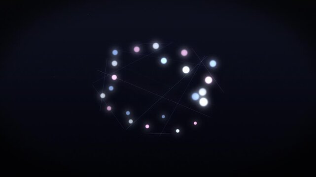 Abstract circular motion of floating glowing particles connected by thin light lines on dark navy blue background