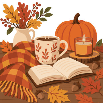 Dibujo de una mesa en oto&ntilde;o con caf&eacute; calabazas y un libro abierto 