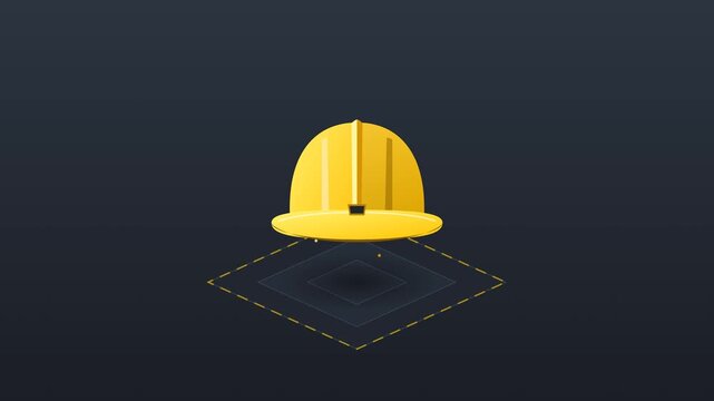 Yellow Hard Hat Construction Safety Gear on Dark Background with Isometric Grid.