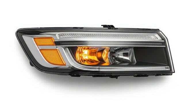 Modern automotive headlight assembly featuring clear lenses bright orange turn signals and sleek chrome housing isolated against a white background