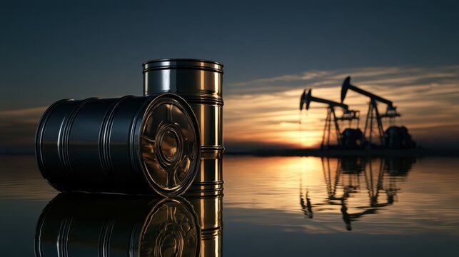 Black oil barrel, reflection of oil pump jacks at sunset, studio lighting