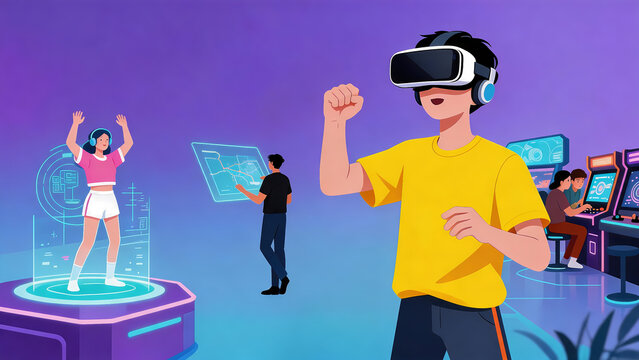 People interacting with virtual reality and holographic interfaces in a futuristic indoor tech space