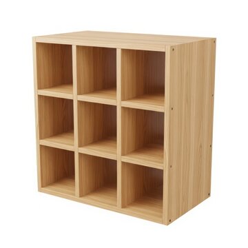 Light brown wooden cubby storage shelves with nine compartments