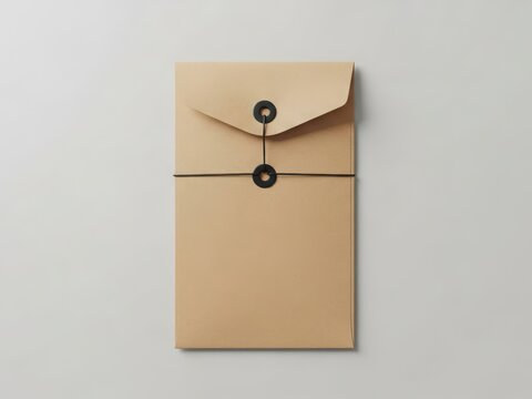 Light brown envelope with black string closure on neutral background