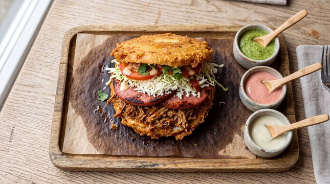 Venezuelan Tumbarrancho Fried Battered Arepa Sandwich with Mortadella, Shredded Beef, Cheese, Cabbage and Sauces, Maracaibo Street Food