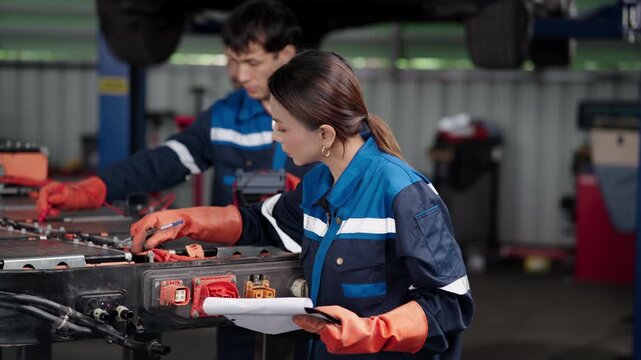 Technician writes test results on a clipboard while her colleague measures the electric vehicle battery with test probes