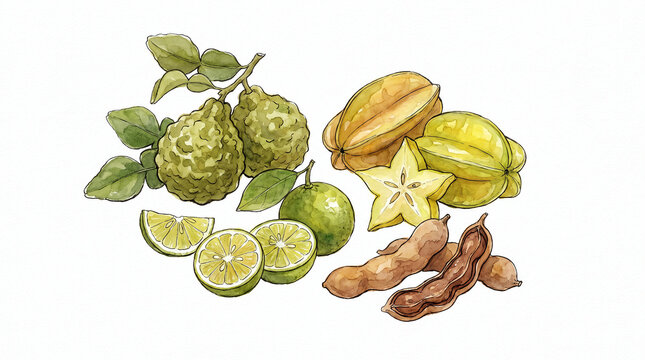 Watercolor Illustration of Tropical Asian Fruits: Kaffir Lime, Starfruit, Tamarind, and Citrus Lime Slices Isolated on White Background