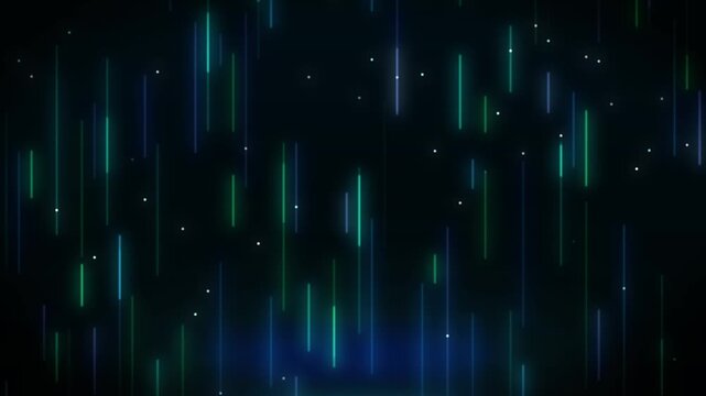 Abstract futuristic neon falling rain with blue and green vertical glow lines on dark tech background