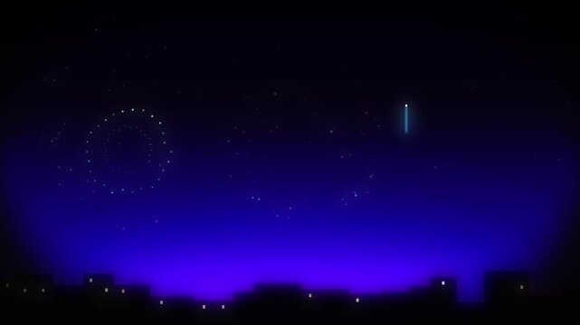 Abstract fireworks display illuminating night sky over silhouettes of city buildings in digital pixel style