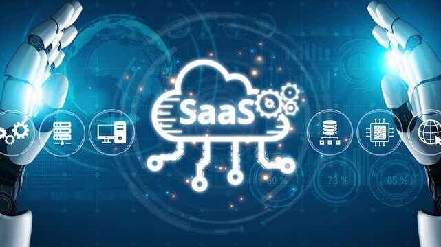 Visual representation of SaaS showing infrastructure, SaaS deployment, SaaS platform features, and SaaS integration model in digital environment. Muxer