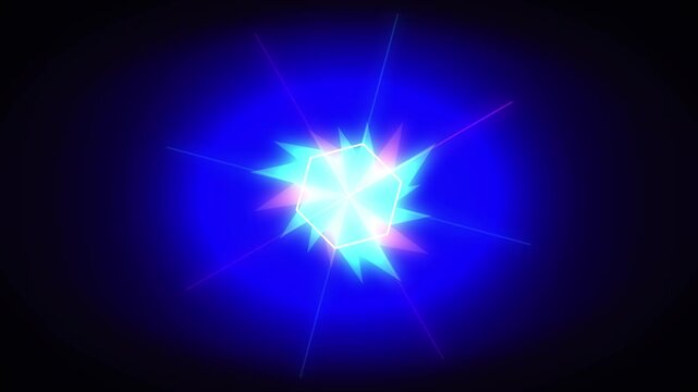 Abstract futuristic neon portal glowing with vivid blue light beams rotating and pulsating in dark space