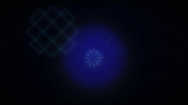 Abstract futuristic neon geometric shapes animation with glowing bright light burst over dark background