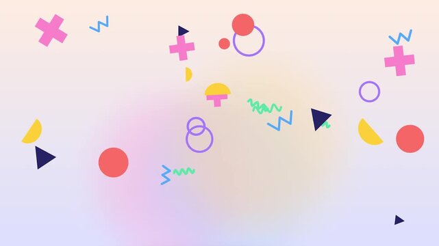 Abstract geometric shapes moving on pastel gradient background creating dynamic memphis style motion design