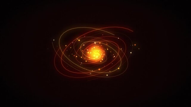 Abstract golden glowing spiral galaxy rotating in deep space with light particles and bright energy center flow