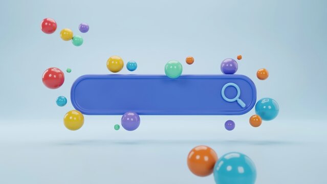 Search bar mockup with magnifying glass icon floats amidst colorful 3d spheres on studio background for web technology.