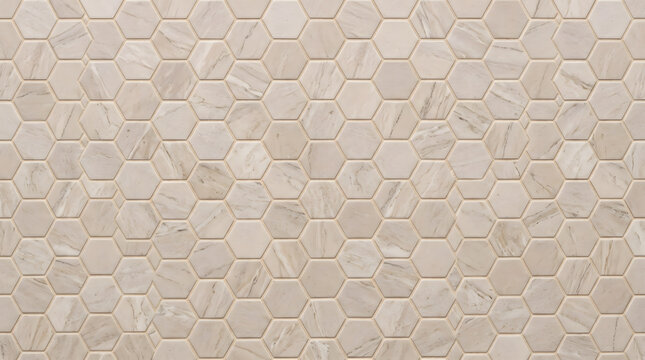 Beige marble hexagon mosaic tile texture background, seamless honeycomb ceramic tile pattern for modern kitchen backsplash and bathroom wall