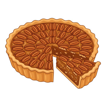 Pecan pie flat vector illustration, glossy caramel filling with pecan halves, golden fluted crust and a cut slice, isolated on white background