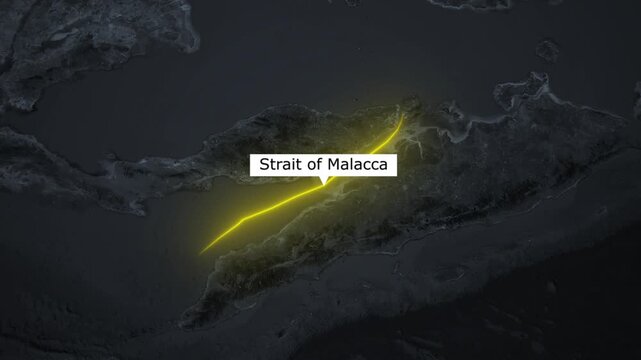 Strait of Malacca geographical location highlighted with a glowing line on a dark 3D world map animation