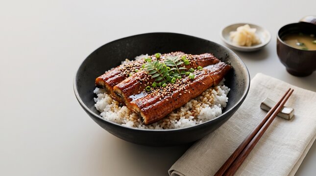 A bowl of traditional Japanese unadon featuring glazed grilled eel over rice, garnished with sesame seeds, green onions, and herbs, served with miso soup.   