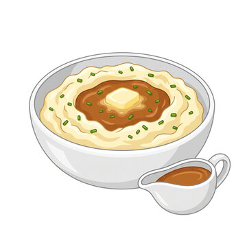Mashed potatoes with gravy flat vector illustration, creamy potato bowl with butter, chives and a gravy boat, isolated on white background