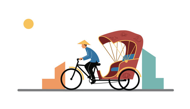 Cycle rickshaw driver wearing a traditional conical hat rides a red cyclo carriage past abstract city silhouettes.