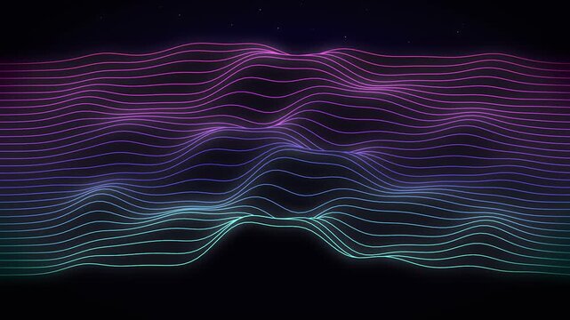 Abstract neon topographic wave lines on black background creating dynamic digital landscape for synthwave