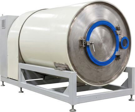 Large industrial washing machine drum with stainless steel front door and heavy metal frame support structure inside a factory facility environment laundry